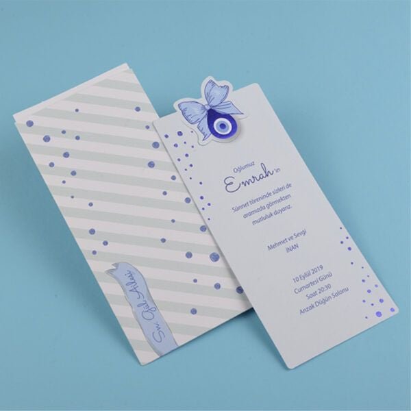 Beschneidung Einladungskarte - weiß blau - gestreift mit Nazar Amulett