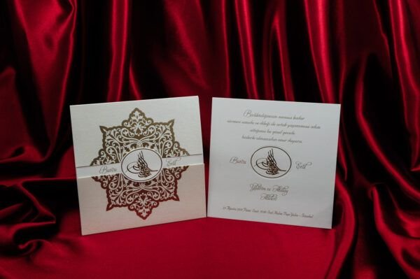 Hochzeit Einladungskarte - creme - Ornament und Tugra im Zentrum