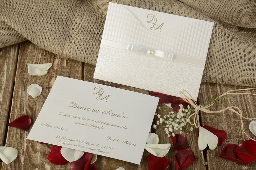 Düğün Davetiye - Hochzeit Einladungskarte - creme Verzierung- Schleife mit Perle Düğün Davetiye