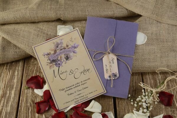 Düğün Davetiye - Hochzeit Einladungskarte - beige lila - mit Blumen Düğün Davetiye