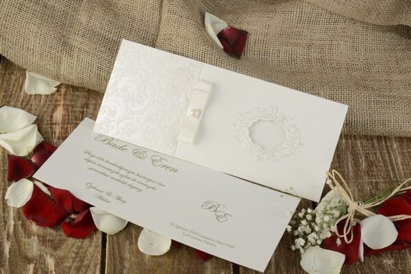 Düğün Davetiye - Hochzeit Einladungskarte - länglich creme - mit Schleife und Perle Düğün Davetiye