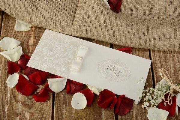 Düğün Davetiye - Hochzeit Einladungskarte - länglich creme - mit Schleife und Perle Düğün Davetiye