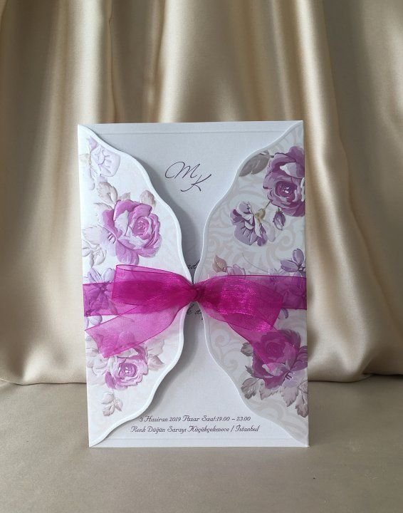 Düğün Davetiye - Hochzeit Einladungskarte - creme lila - Blumenmuster und lila Schleife düğün davetiye