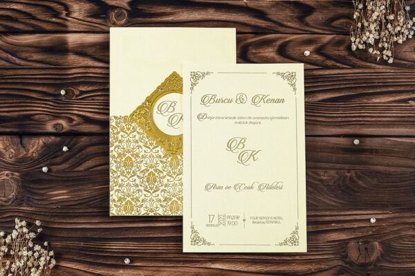 Düğün Davetiye - Hochzeit Einladungskarte Amberg - Creme Gold Düğün Davetiye