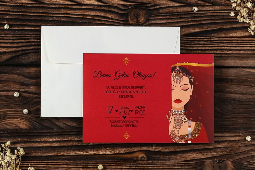 Kına Davetiye - Henna Einladungskarte - Henna Dame - Rot Kına Davetiye