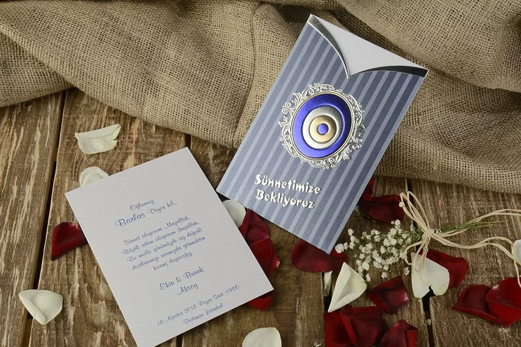 Beschneidung Einladungskarte - grau blau - mit Nazar Amulett